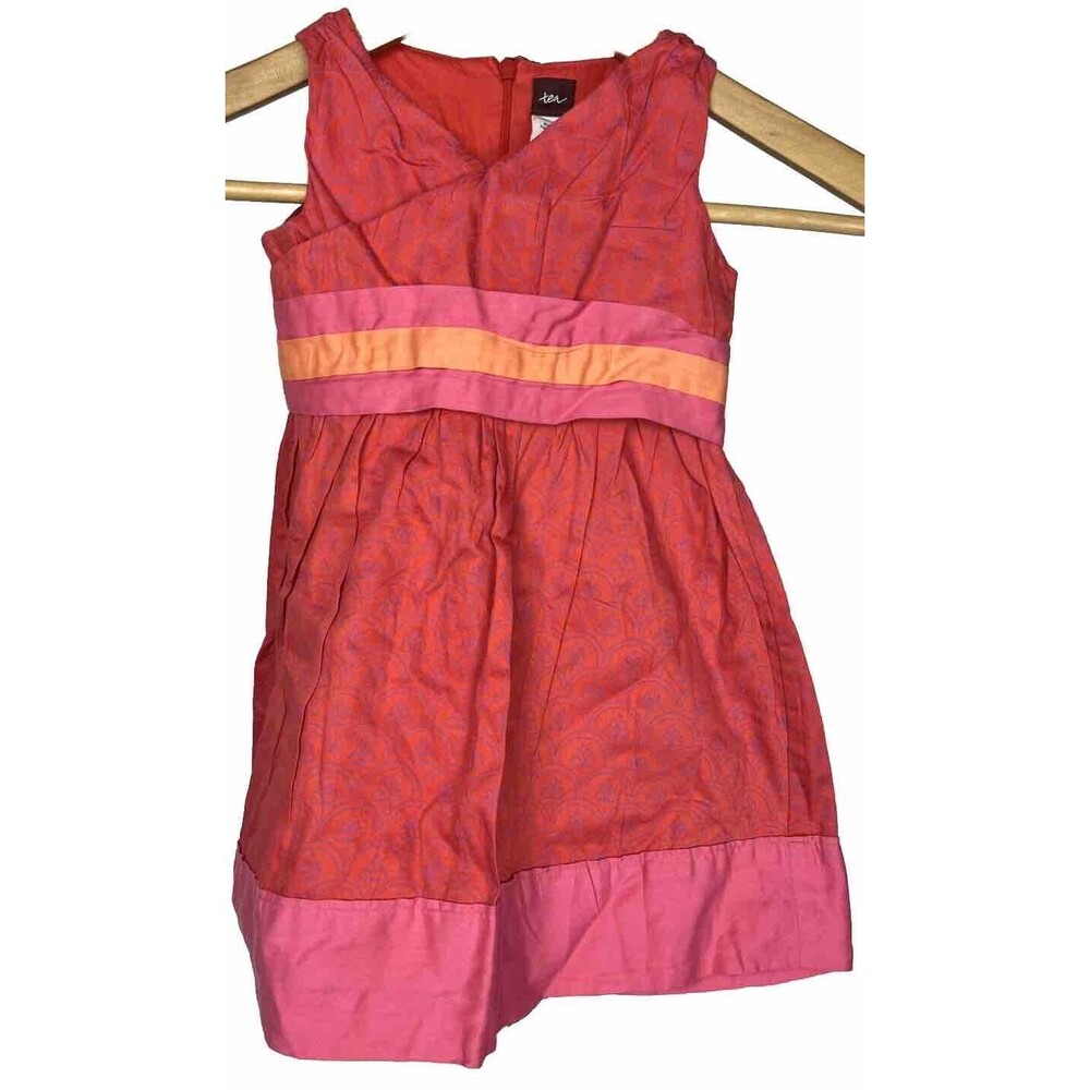 Tea Collection Fit Flare Dress Red Batik Pink 100% Cotton Sleeveless Polished 2